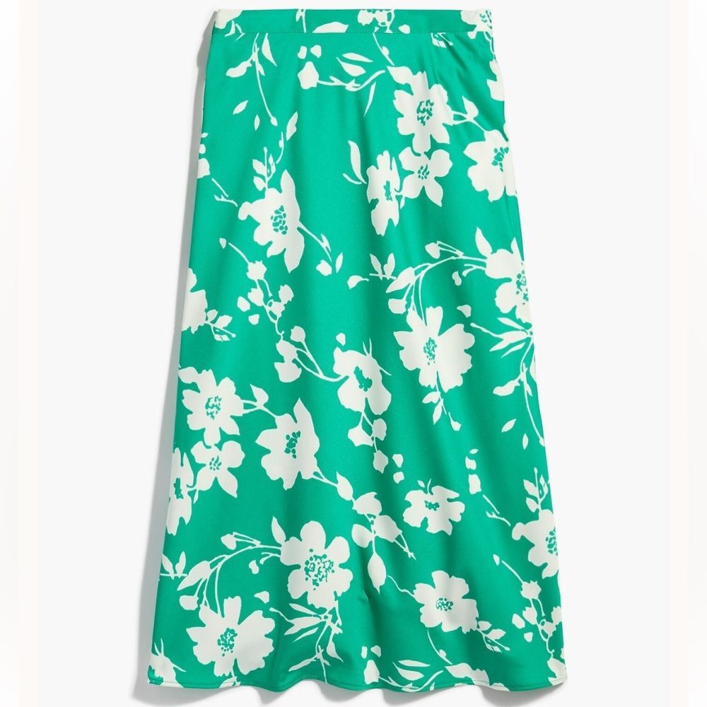 J. crew women Satin-back crepe A-line midi skirt Green White Floral SM Tropical